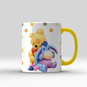 Kubek z nadrukiem żółty – kubuś puchatek + napis lubię miodek